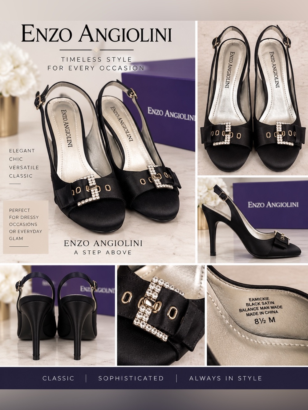 Enzo Angiolini Black Satin Slingback Heels w/Rhinestone Buckle Accent size 8.5
